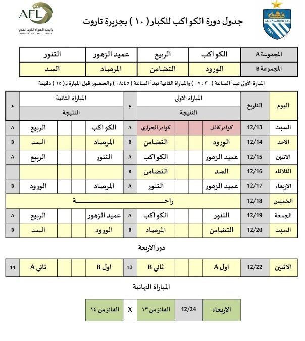 الورود يواجه التضامن و المرصاد يقابل السد في افتتاح دورة الكواكب العاشرة للكبار بملاعب HS بتاروت