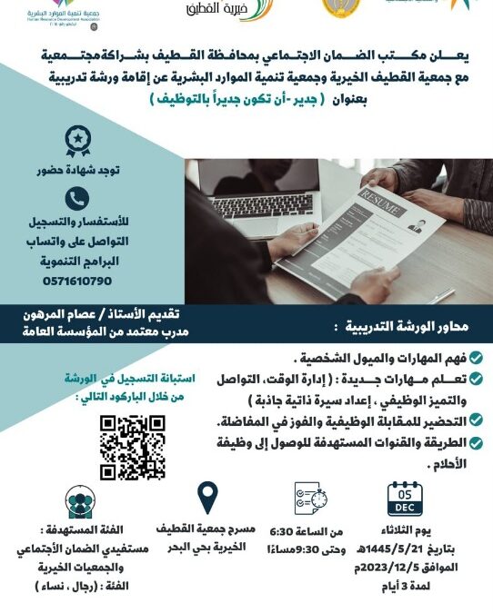 مجاناً لمستفيدي الضمان والجمعيات الخيرية .. بدء التسجيل في دورة ( جديراً أن تكون جديراً بالتوظيف