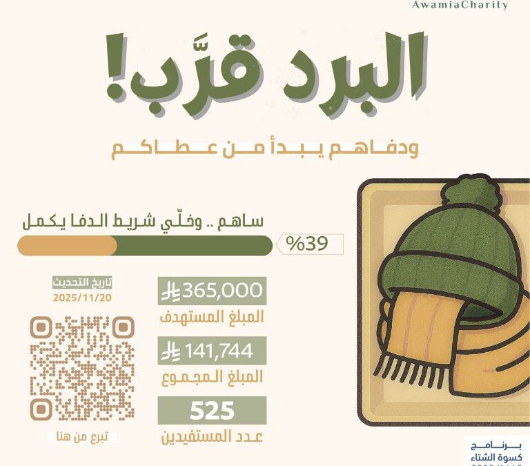 39% نسبة إنجاز برنامج “كسوة الشتاء” بجمعية العوامية الخيرية