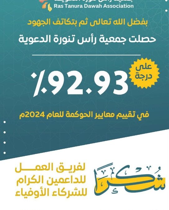 جمعية رأس تنورة الدعوية تحقق إنجازًا نوعيًا بحصولها على درجة 92.93% في تقييم معايير الحوكمة لعام 2024م